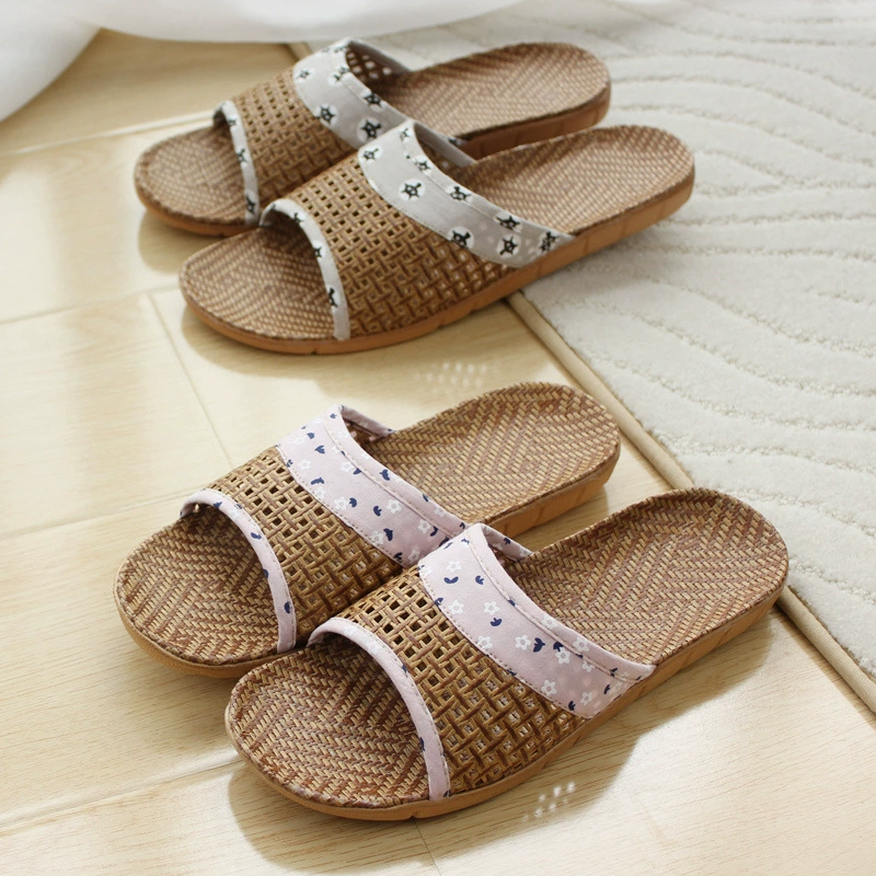 Женские сандалии из бамбука и ротанга, домашние льняные тапочки для мужчин, деревянные тапочки на толстой подошве для пар с ажурным дизайном.