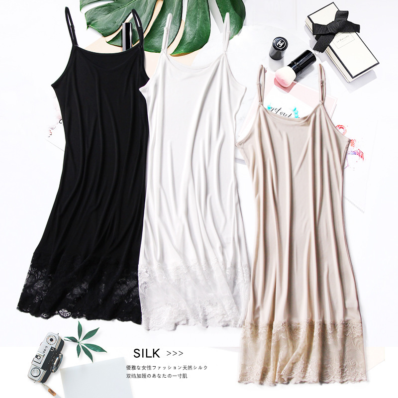 Summer Silk Black Slip Skirt Women's Summer Outer Wear Mid-length Sexy Lace Solid Color Base Inner Vest Skirt