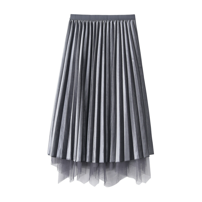 Dames rok geplooid van fluweel met mesh en goud accent_voghion.com