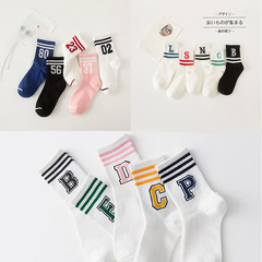 秋冬女士雙槓字母學院風數字短襪 條紋運動女襪中筒棉襪產地批發