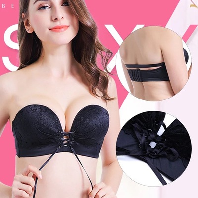 抹胸式无肩带聚拢上托加厚无钢圈隐形文胸婚纱礼服内衣|ru
