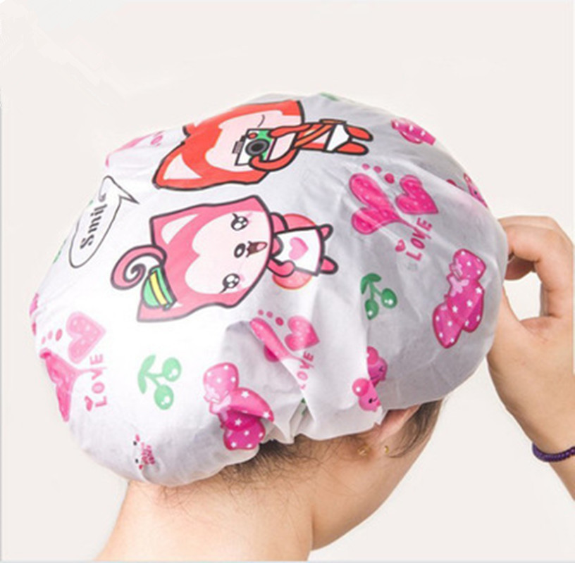 Lindo gorro de ducha de dibujos animados impermeable baño gorro de pelo de impresión gorro de champú respetuoso del medio ambiente cómodo cabello largo de las mujeres cubierta de cabello de secado