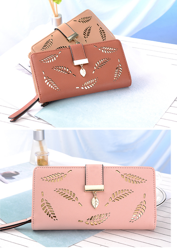 Women'S Gender Hollow Out Design Women's Leaves Solid Color Pu Leather Hollow Zipper Buckle Wallets