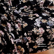 日本和风斜纹全棉布服装手工diy布料面料黑底牡丹仙鹤