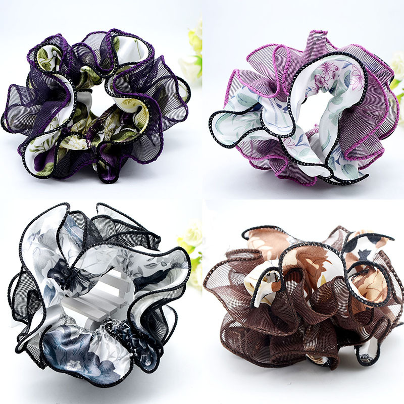 新款大号色丁加纱双层布艺烤边头花扎发圈 花朵头饰皮筋发绳发饰|ms
