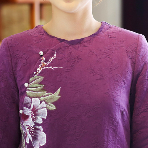 Round neck purple Chinese style plus cotton hand-painted slanting skirt long dress Zen tea dress women