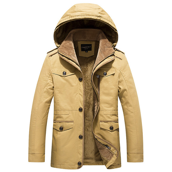 Autumn winter men’s hooded Plush thickened washed cotton jacket medium length jacket for men