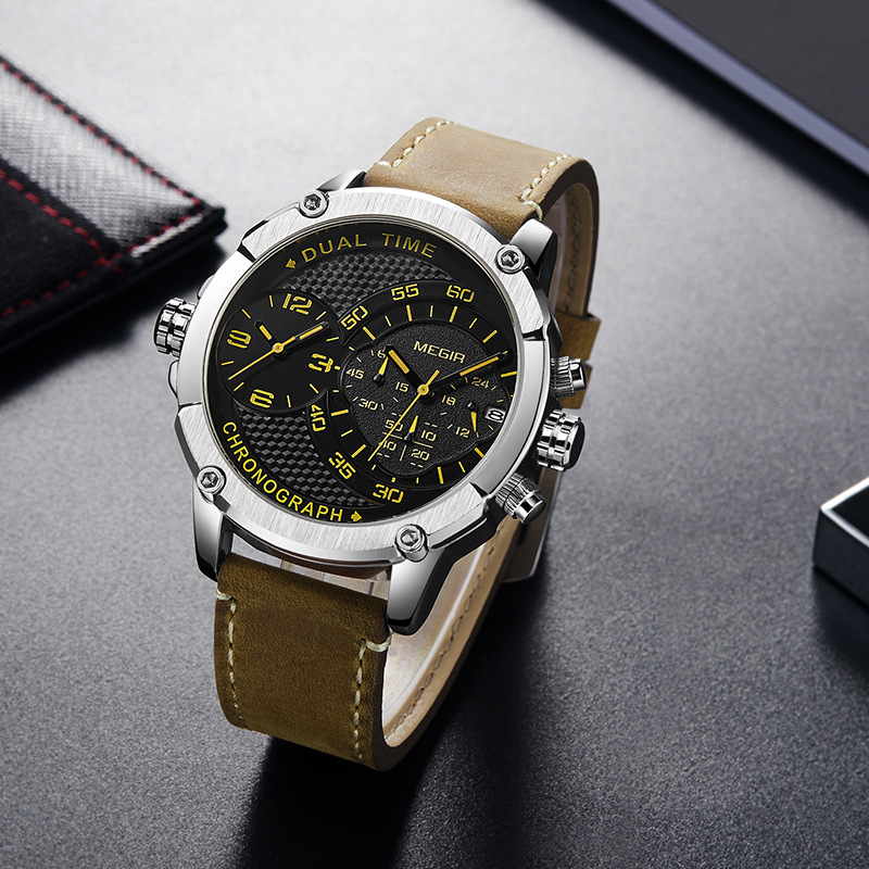 【新品-美格尔时尚双时区多功能计时石英男士手表】型号：2093G。