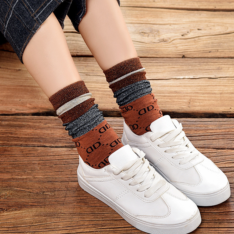 双D秋冬新款银葱堆堆袜女中筒金银丝袜子韩版女袜潮袜日韩日系