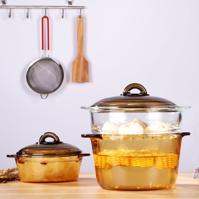 quality goods Le Meiya Flames Crystal transparent Amber Deep pot Soup pot 5L/3L Skillet+Steaming gifts