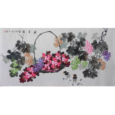 純手繪紫氣東來花鳥國畫四尺紫色葡萄水墨畫客廳字畫純手工收藏品
