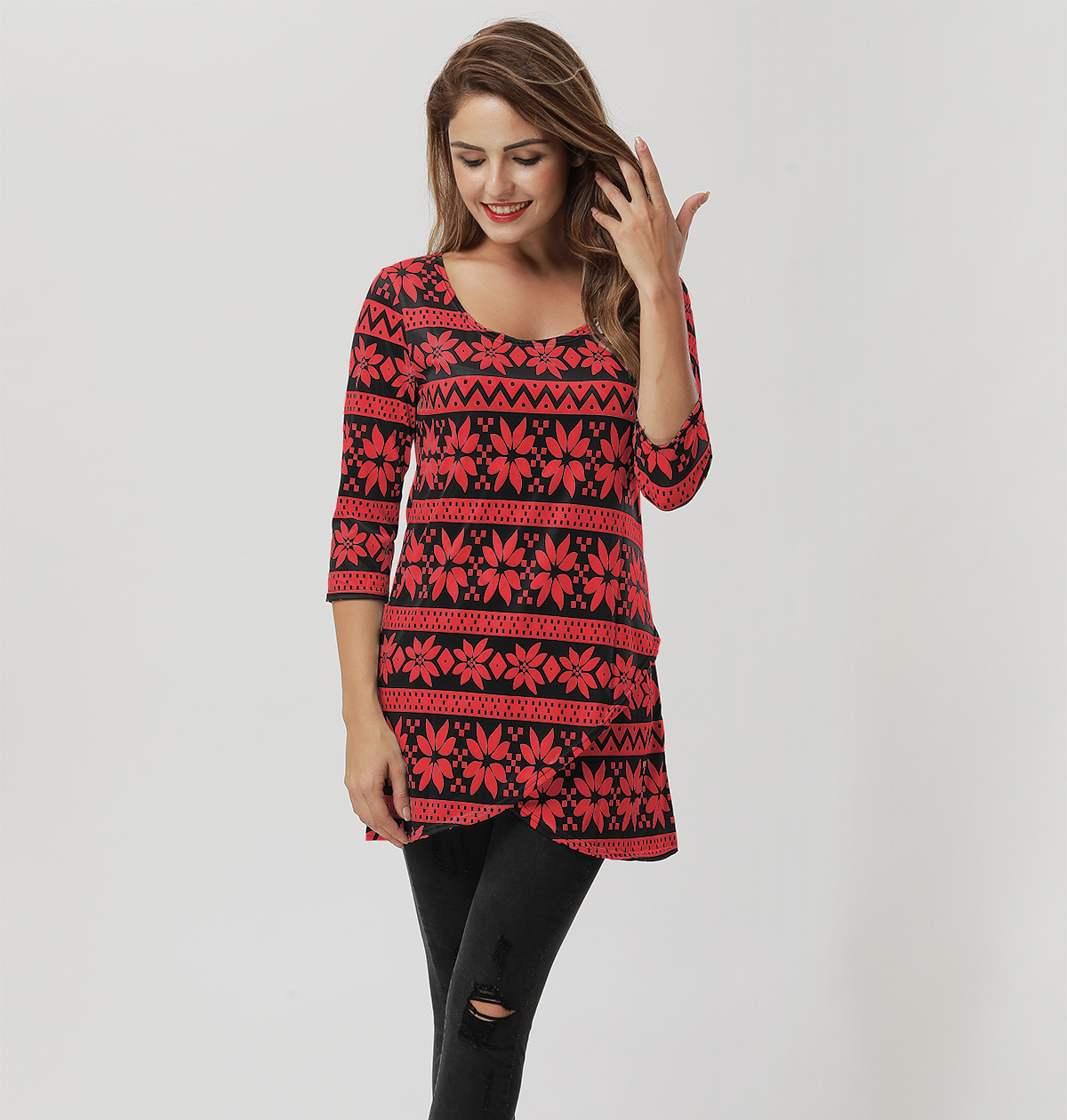 Floral Print A Line Mini Dress Three Quarter Sleeve Spring Style Casual Wear Wholesale Available