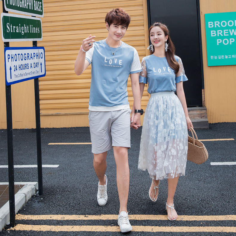 实拍 情侣装夏装2018连衣裙女套装男T恤宽松女裙|ru