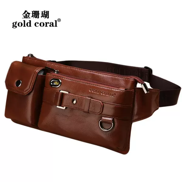Casual leather waist bag first layer cowhide waist bag men's chest bag sports bag cycling bag men's bag mobile phone Multi-Function bag