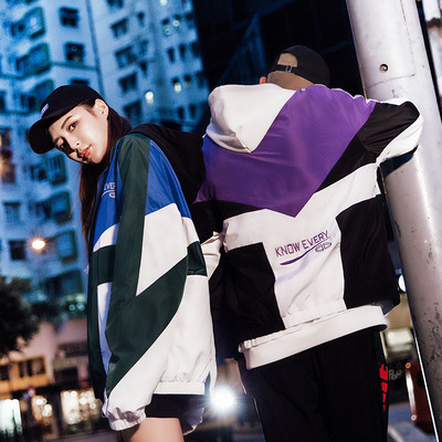 秋季新款港风潮牌欧美街头情侣风衣外套拼接拼色男式夹克宽松立领|ms