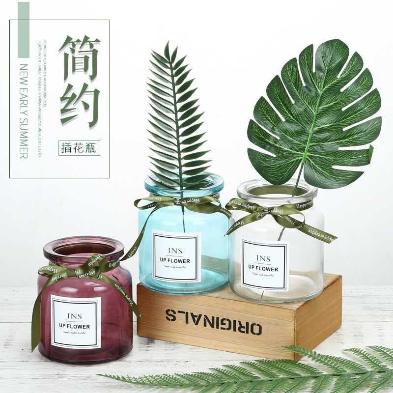 北欧风小花瓶透明彩色玻璃台面花瓶mini英文贴纸大口花瓶花器批发
