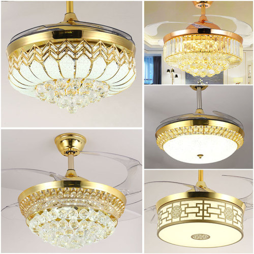 European-style crystal chandelier invisible fan LED home lighting bedroom with remote control variable frequency 52-inch living room ceiling fan light