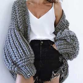 2022秋冬新款欧美风纯手工编织蝙蝠灯笼袖 毛衣外套女sweater