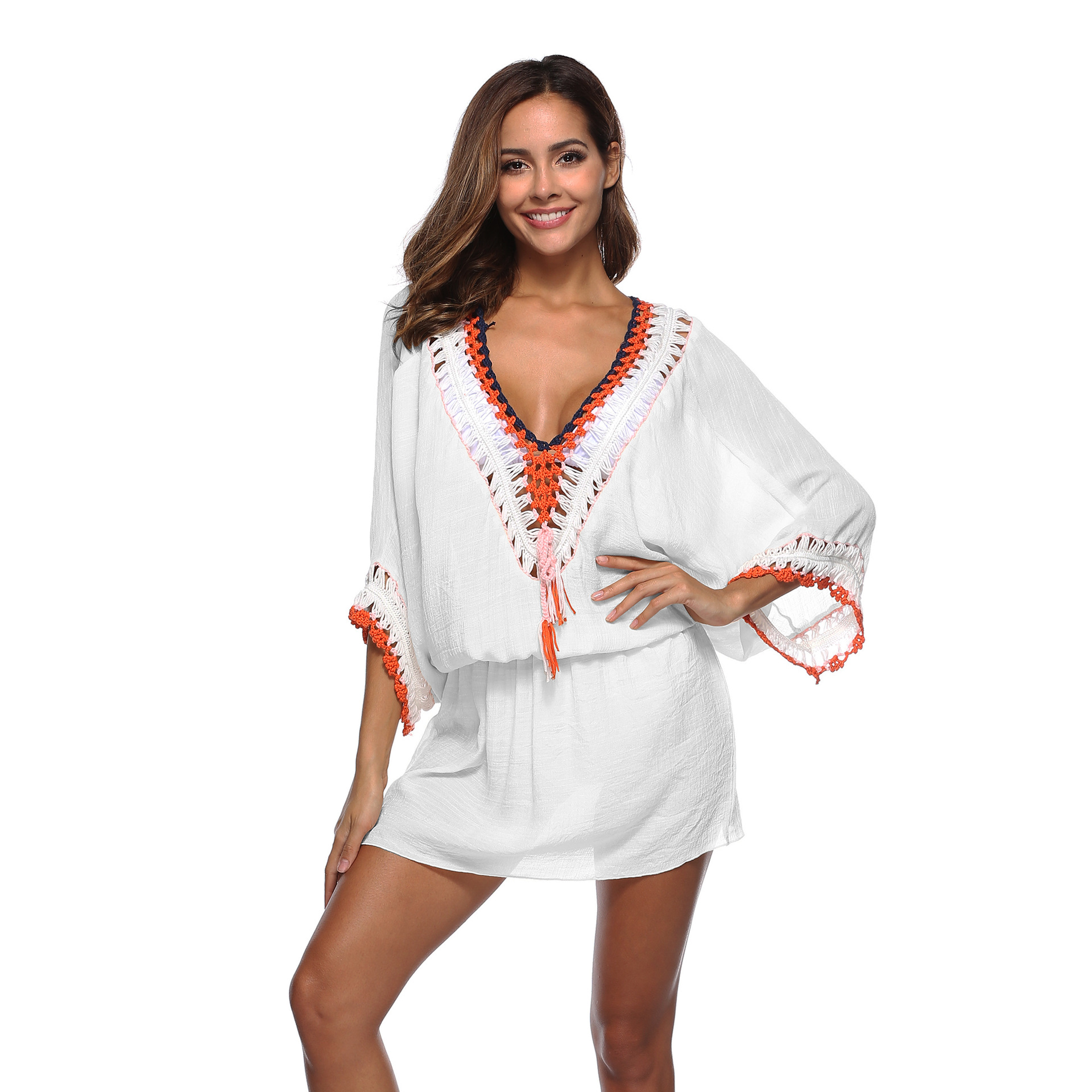 Hand Crocheted Beach Dress V Neck Batwing Sleeves Irregular Hem Sun Protection Cover Up Wholesale Available
