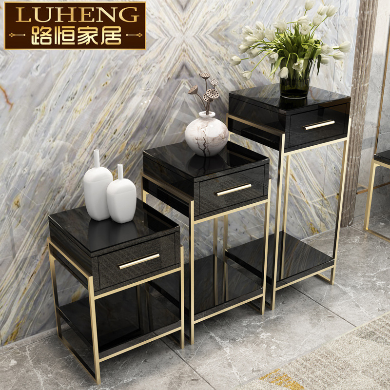 金色花架 黑白色后现代轻奢客厅多层绿萝带抽屉置物架不锈钢花几