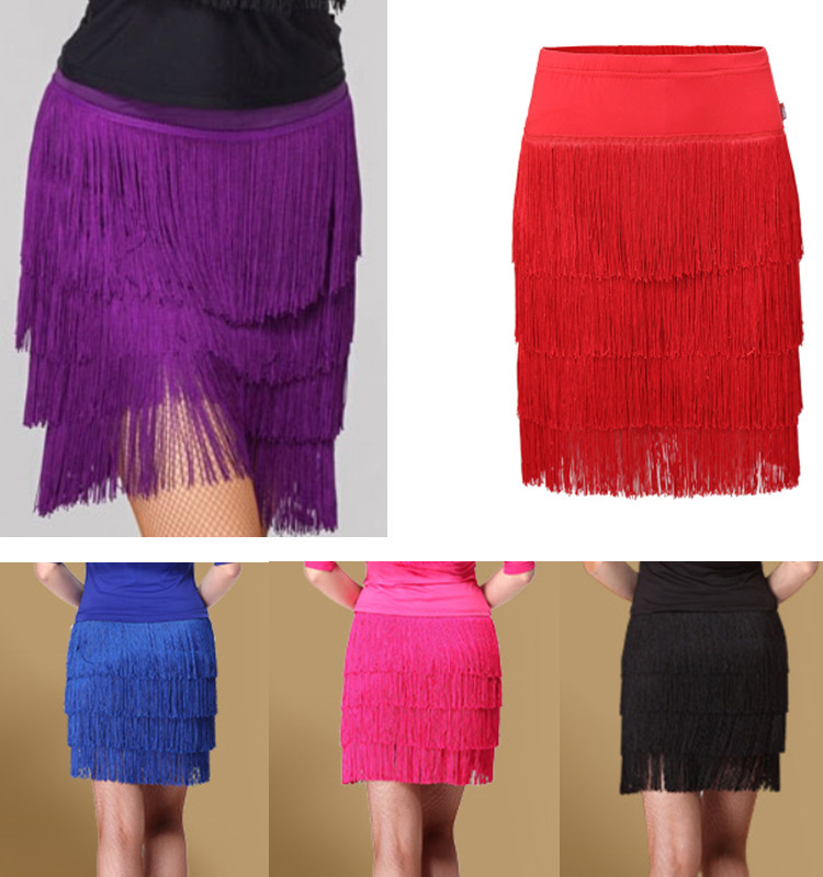Women red black white blue tassels Latin dance skirt modern hot pink rumba  salsa chacha dance fringe skirt for woman