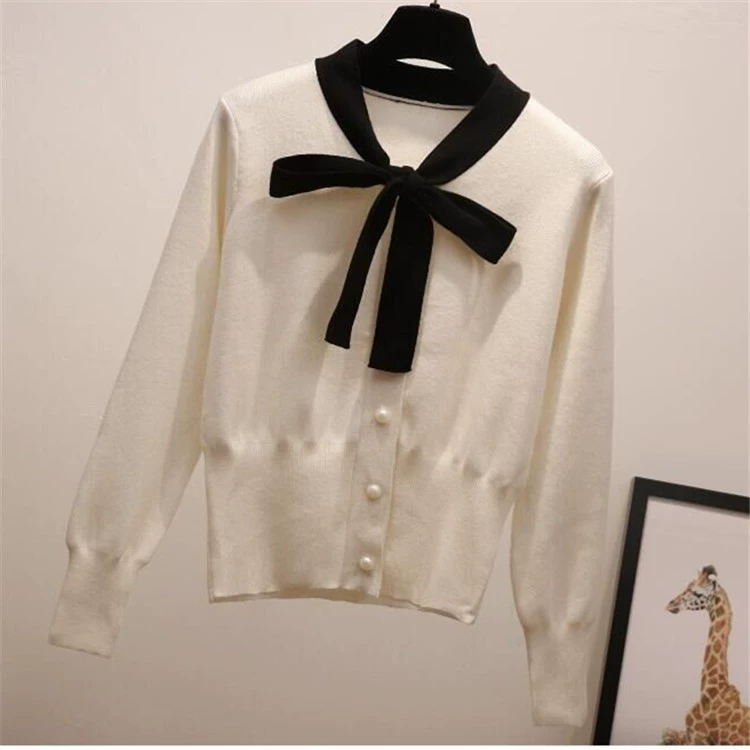 Autumn knitted cardigan with bow, short-length sweater jacket, high-waist, one size
