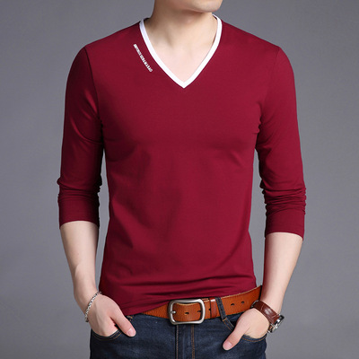 乔依尔2019春季男式纯色V领T恤 韩版青年休闲拼色鸡心领棉T恤批|ru