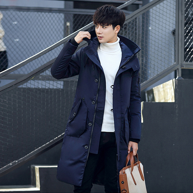 New Men's Mid-Length down Jacket Korean Style Hooded Youth down Jacket Thickened Student Cold-Proof Jacket