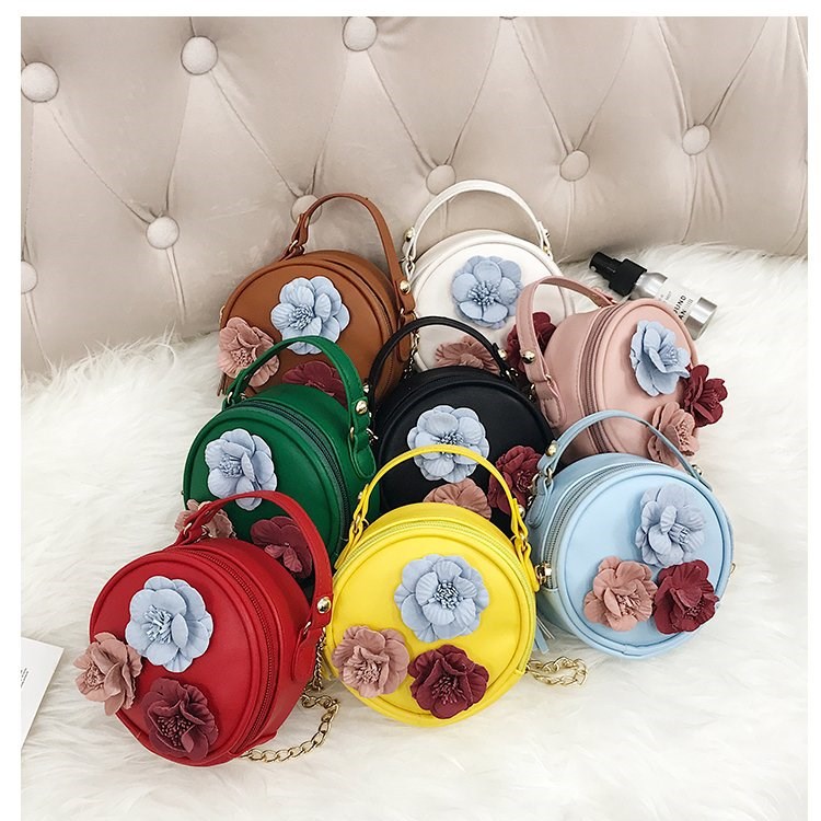 批发2019韩版新款pu花朵链条儿童小圆包幼儿零钱女包小包厂家直销