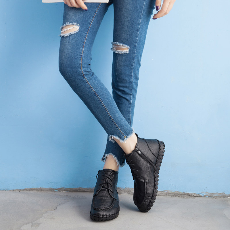 ShoeVault Xinrui 2023 Autumn Winter New Retro Short Soft Sole Comfortable Genuine Leather Flat Casual Single Boots Cotton Shoes_voghion.com