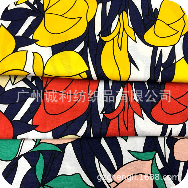 棉麻印花面料 抽象郁金香 夏连衣裙印花布 欧美衬衫印花 仿麻印花