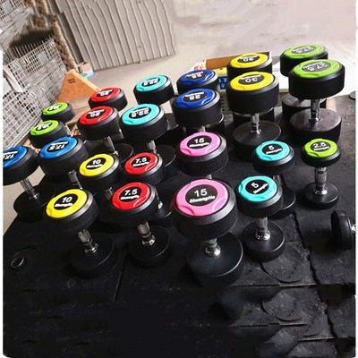 厂家直销哑铃黑胶彩色圆头包胶一体健身房哑铃 固定铸铁健身器材|ms