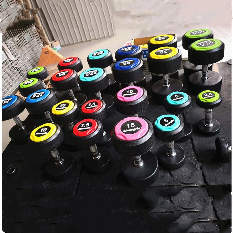 厂家直销哑铃黑胶彩色圆头包胶一体健身房哑铃 固定铸铁健身器材|ms