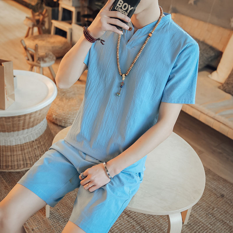 2020 summer new linen men's short-sleeve...