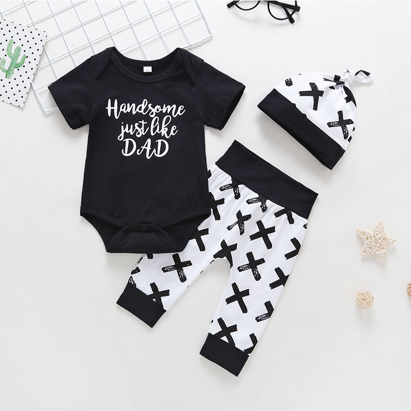 Children's Clothing Baby Long-sleeved Romper Black X Pattern Trousers Three-piece Suit display picture 1