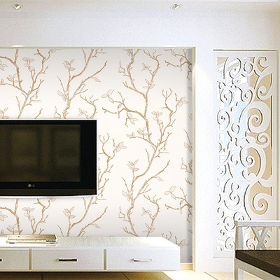 新中式3D樹葉樹枝牆紙 客廳餐廳酒店 深咖色淺灰色加厚鹿皮絨壁紙
