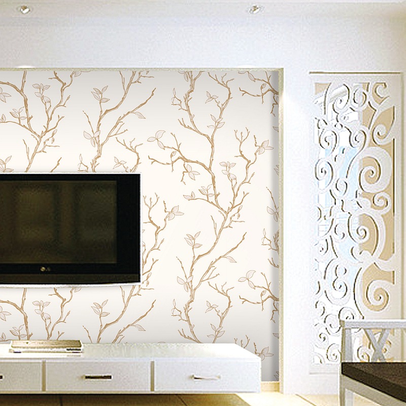 新中式3D樹葉樹枝牆紙 客廳餐廳酒店 深咖色淺灰色加厚鹿皮絨壁紙