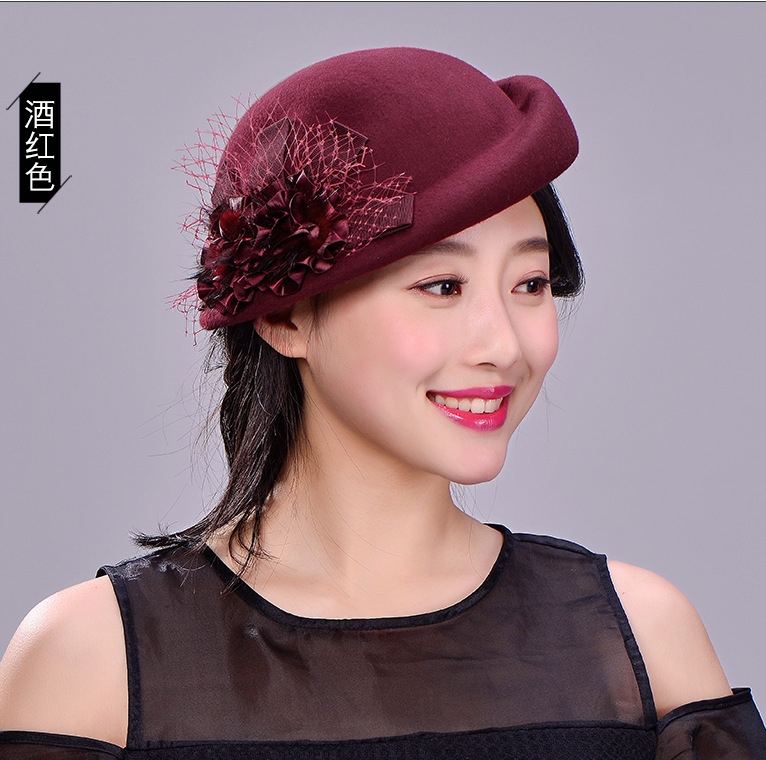秋冬季新款帽子女韩版羊毛呢贝雷帽英伦复古水貂毛花朵卷边空姐帽