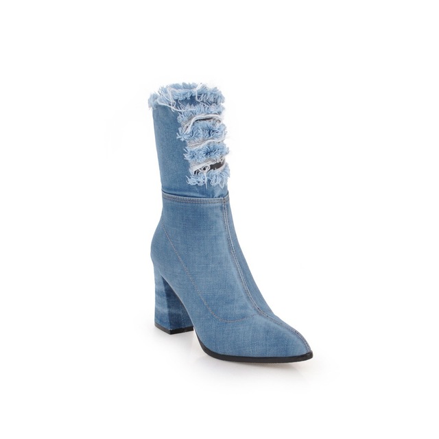 Foreign trade fashion pointed thick heel side zipper middle tube denim boots
