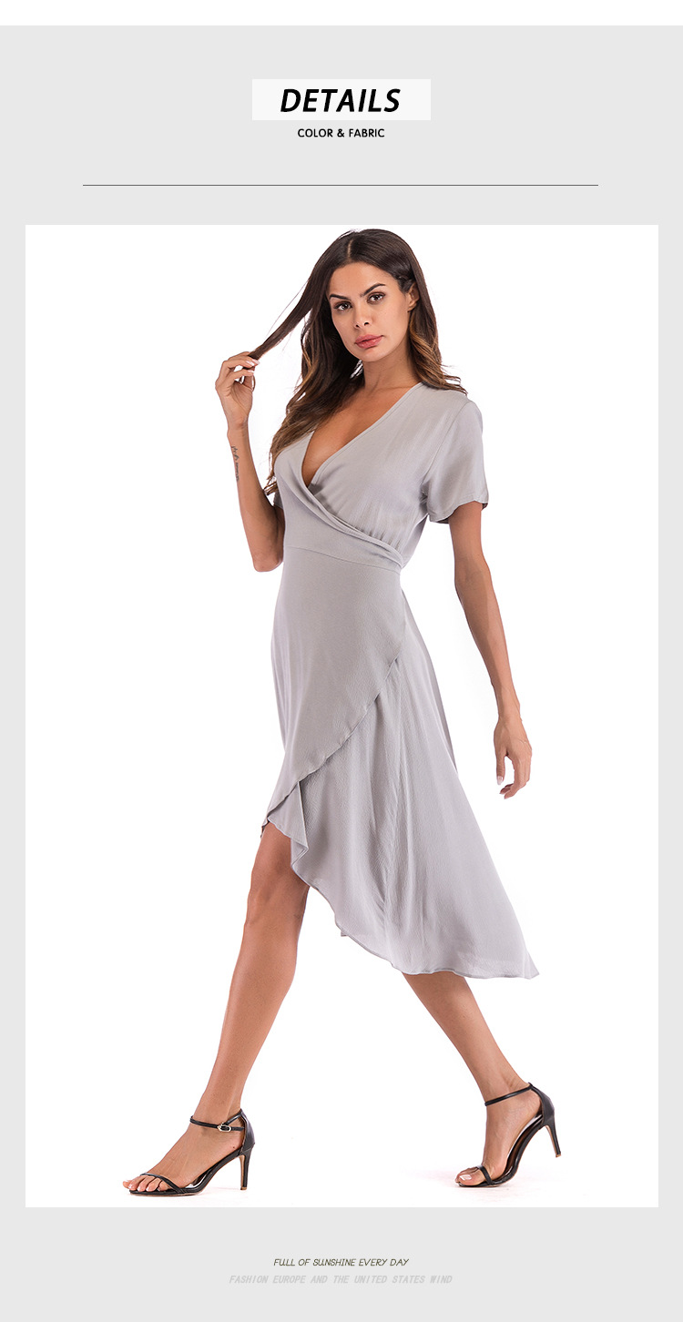 Pure Color Slim V-neck Irregular Short Sleeve Dress NSJR51586