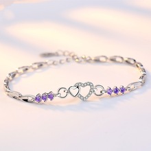 臻榮天貓韓版紫水晶鍍925銀手鏈創意愛心形鑲鑽手飾 女一件代發