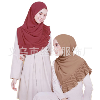 單色珍珠雪紡褶皺拼接穆斯林長巾 民族風婦女蓋頭圍巾批發