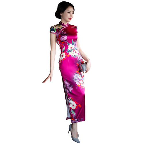 Chinese style long slim and improved fashion silk cheongsam dress dress wholesale Hangzhou women&apos;s daily Tang Qipao