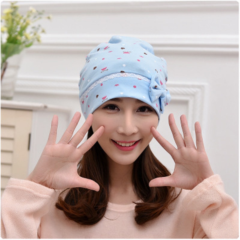2020秋冬新款粉蓝爱心蝴蝶结款纯棉孕妇月子帽专用产妇帽防风帽子