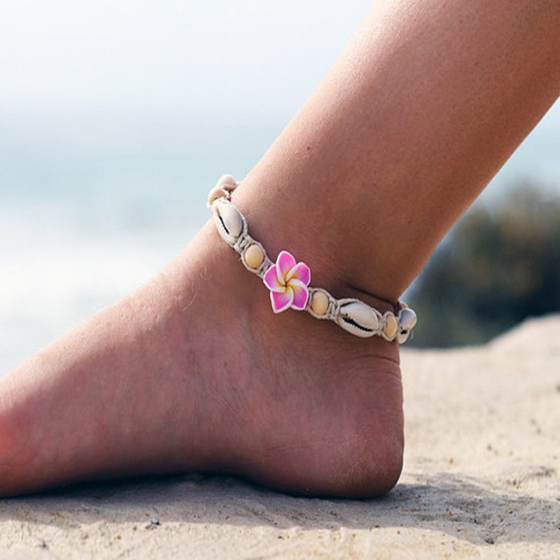 新款波西米亚脚链沙滩脚链 手工编织软陶花朵海贝壳脚链脚饰