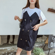 夏季孕妇装韩版拼布孕妇裙宽松大码短袖上衣连衣裙子潮妈一件代发