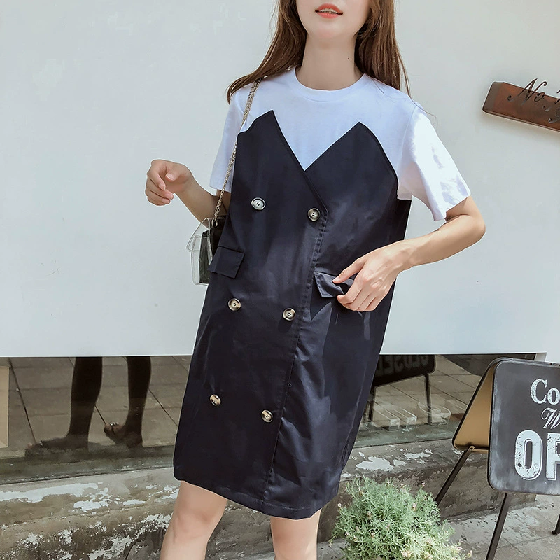 Летняя Корейская Лоскутная юбка для беременных Свободная куртка больших размеров с короткими рукавами, юбка для волос для мамы