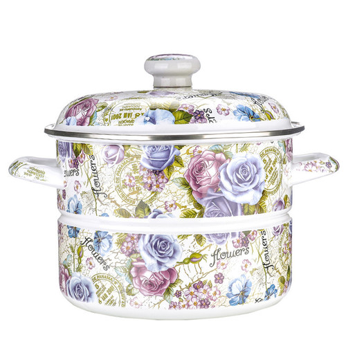 Thickened enamel steamer enamel porcelain stew household with cage drawer flat bottom double-eared soup pot induction cooker gas universal