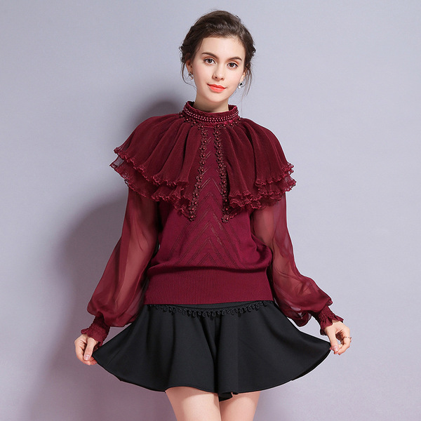 Hollow Knitted Shirt Top Standing Collar Nail Bead Lantern Sleeve