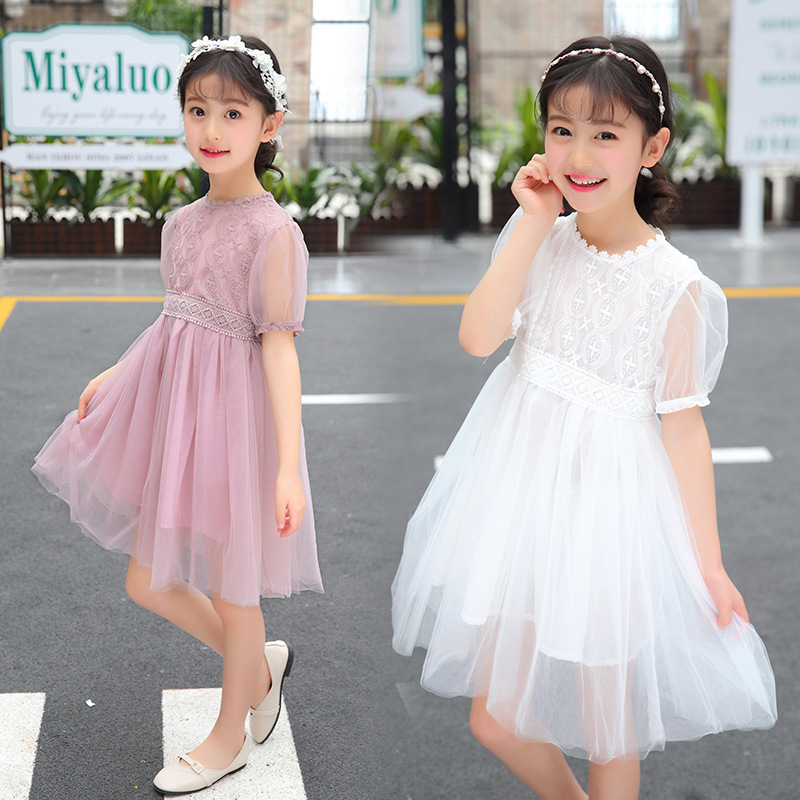 一件代发2018夏装新款雪纺韩版短袖连衣裙中大童网纱蕾丝公主裙|ms